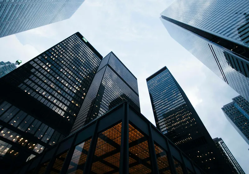 Glass facades and structural lines of modern commercial towers