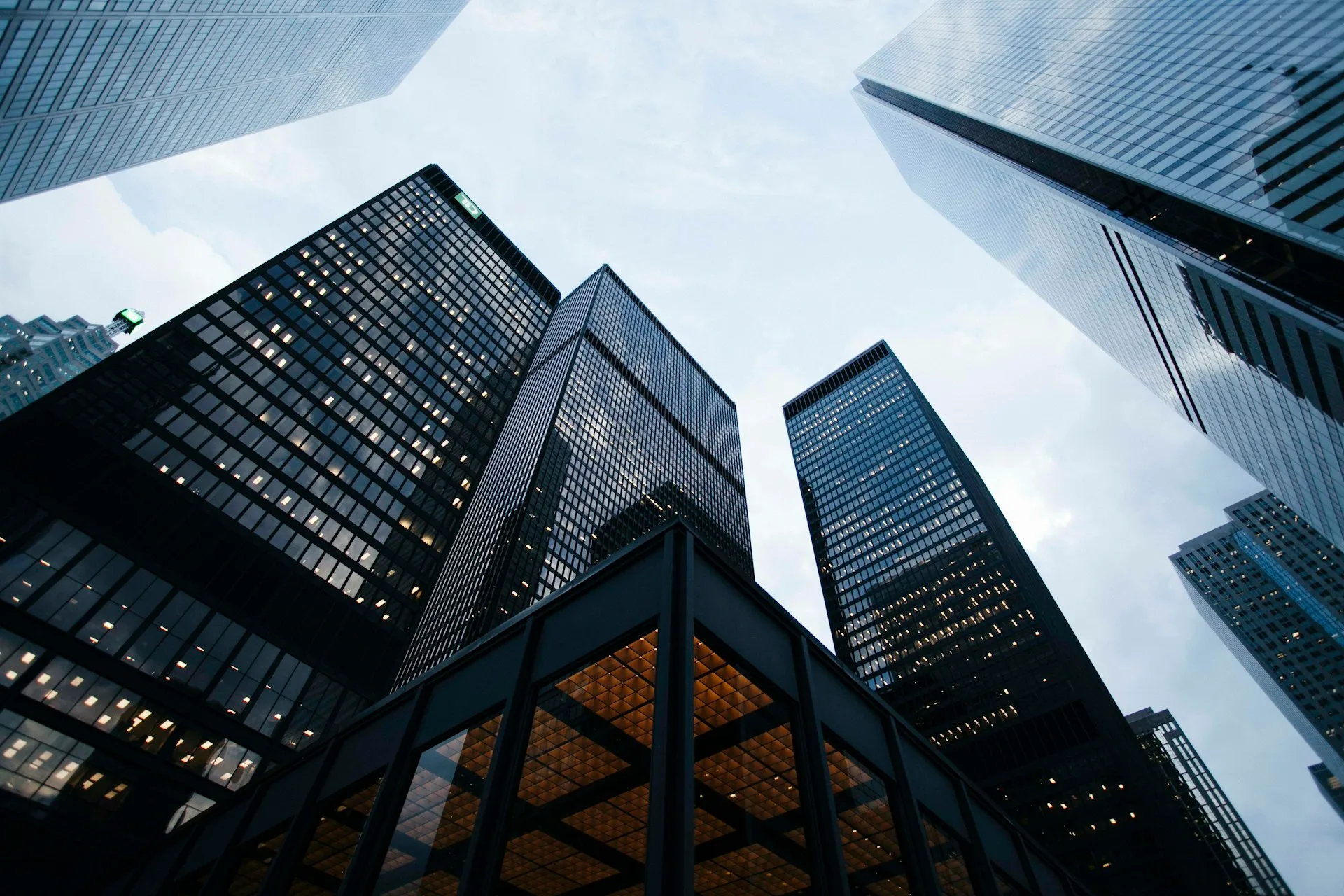 Modern glass towers viewed from below