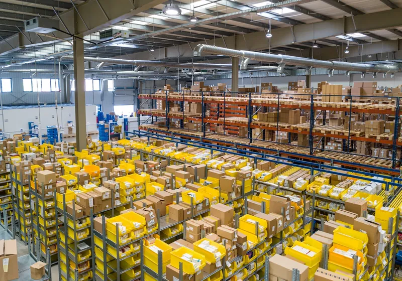 Organised storage and conveyor systems in a logistics warehouse