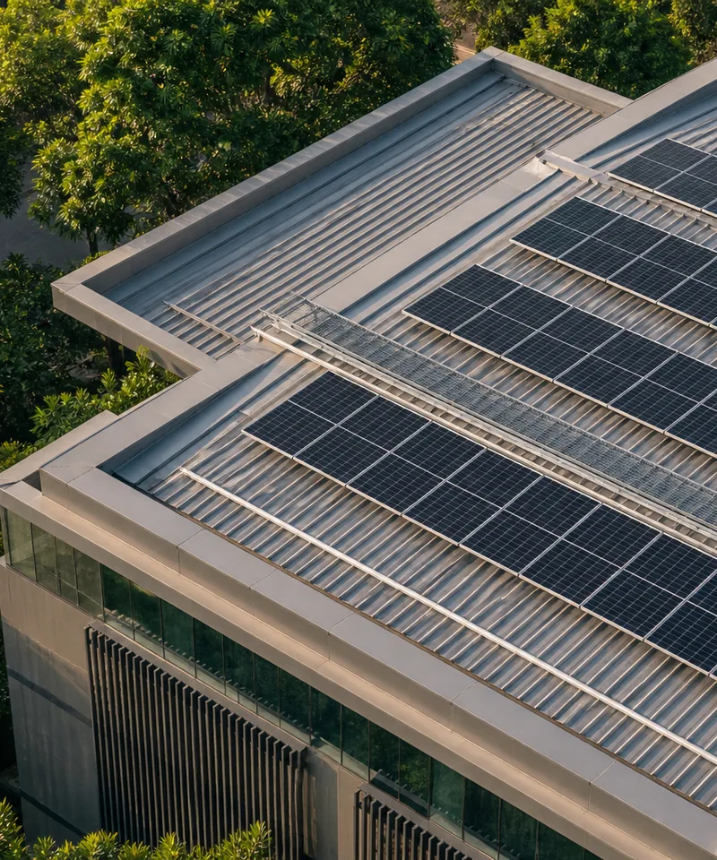 An aerial view of rooftop solar panels surrounded by trees