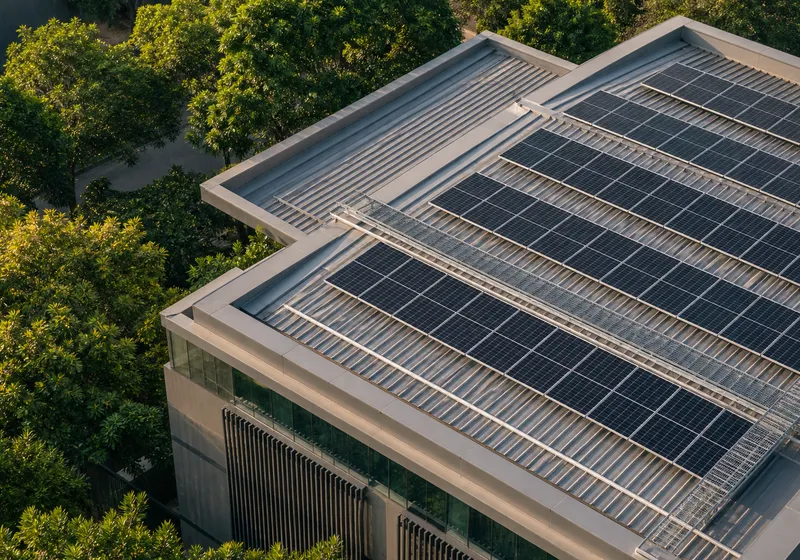 Solar panels arranged on a commercial building rooftop